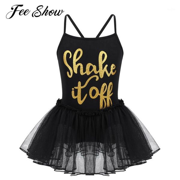 

kids girls ballet leotard tutu dress shiny letters printed ballet costumes dance clothes gymnastics leotard tutu dress dancewear1, Black;red