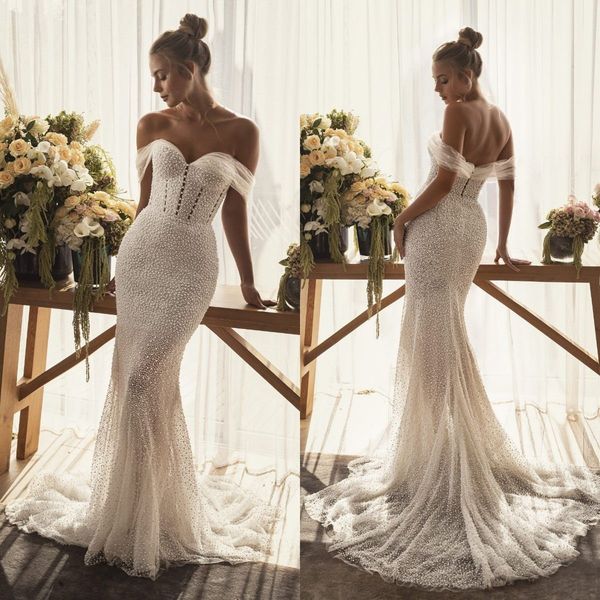 

full pearls mermaid wedding dresses off the shoulder lace beaded beach bridal gowns custom made luxury vestidos de novia, White