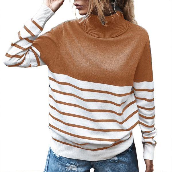 

autumn winter women knitted high-neck striped color-block ladies sweater casual soft slim elasticity pullovers, White;black