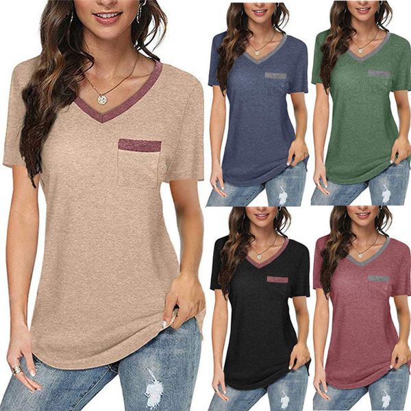 

loose womens t-shirts v neck pockets packwork short sleeve summer casual women solid color pullover tshirts, White