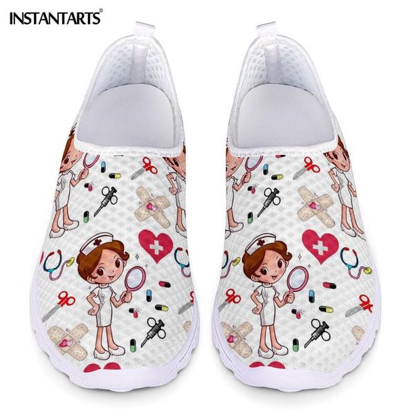 

instantarts new cartoon nurse doctor print women sneakers slip on light mesh summer breathable flats shoes zapatos planos c1015, Black;white