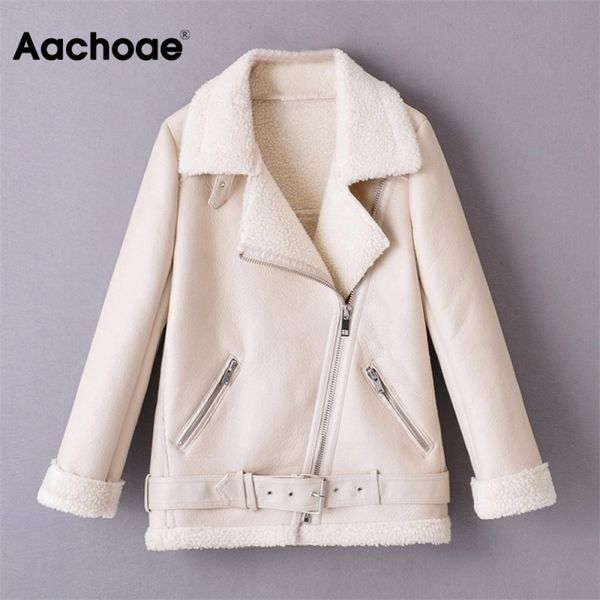 

aachoae women winter solid pu faux leather jacket with belt thick warm zipper long sleeve coat female streetwear padded jackets 201030, Black