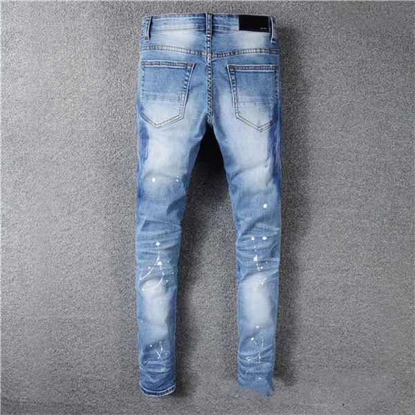 

classic printed embroidery designer mens jeans motorcycle hole denim men's fashion street wear men designer pants17, Blue