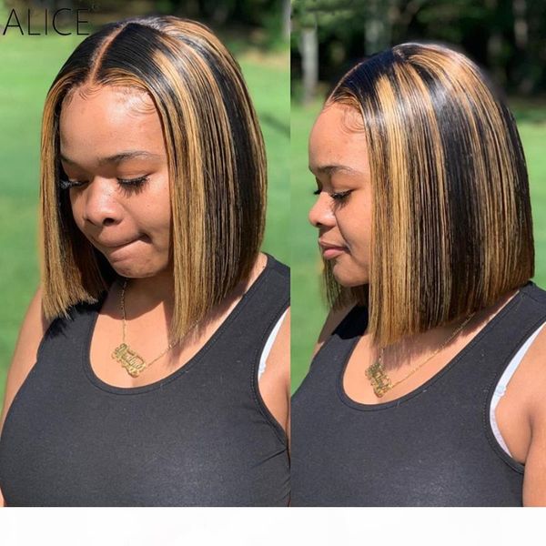 

alice highlight bob 4x4 lace front human hair wigs scalp closure wigs with baby hair 130% density non-remy, Black;brown