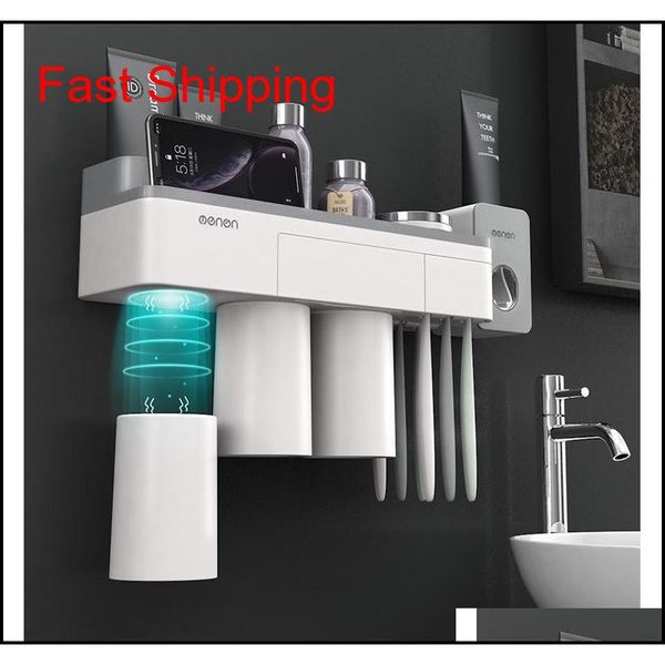

magnetic toothbrush holder with toothpaste squeezer with cups for 2/3persons in bathroom storage rack nail mount y200407 mxpri