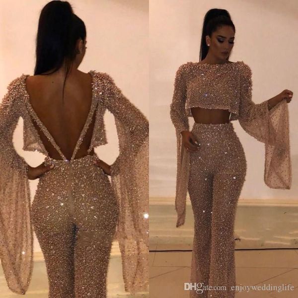 Venda quente sequin de duas peças vestidos de bainha bainha mangas compridas Plus size vestidos formais festa vestidos de noite feitos personalizados calças feitas