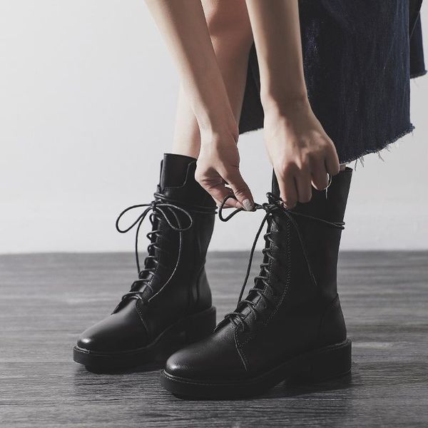 

women lace up motorcycle boots round toe soft leather boots shoes ladies combat snow, Black