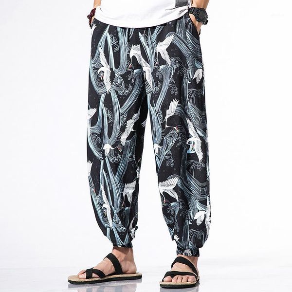 

japanese kimono traditional print pants haori pants asian costume beach casual loose long japan style kimono yukata men1, Black