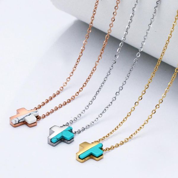 

3pcs/lots cute cross pendant 316l stainless steel stone necklace white/rose gold/gold/color chain pendant necklaces jewelry, Golden;silver