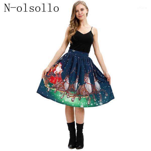 

n-olsollo faldas mujer moda 2018 christmas skirts new fashion 3d print midi skirts women elastic waist knee-length pleated skirt1, Black