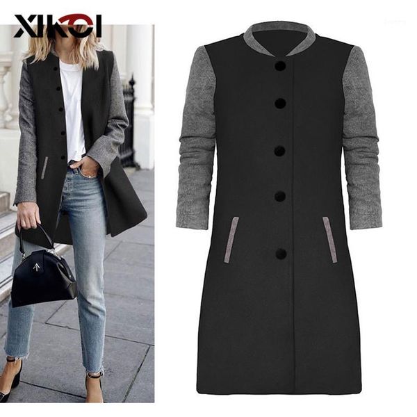 

xikoi patchwork thin wool blend women coat single breasted coats elegant pocket knee length outerwear women autumn trench coats1, Black