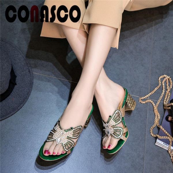 

conasco 2021 summer new fashion blingbling crystal rome women sandals slip on round toe square heels party casual shoes woman, Black