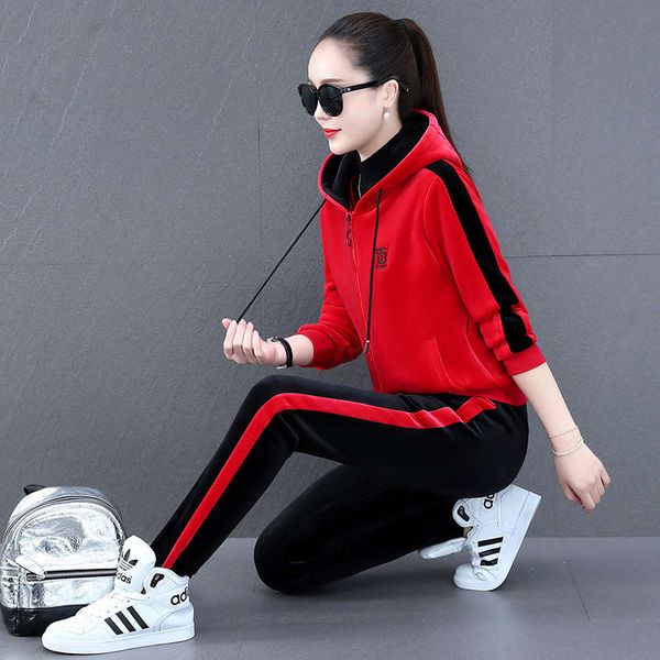 

vipgolden silk double faced velvet leisure sports suit women's autumn and winter 2020 plush thickened slim fit sportswearmvp, Gray