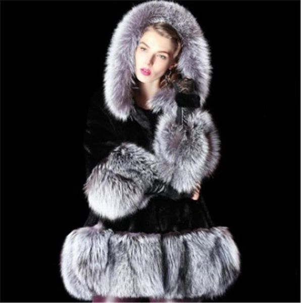 

2021 winter fur imitation coat fashion streetwear covered button mid-length hooded women's clothing overcoat, Black