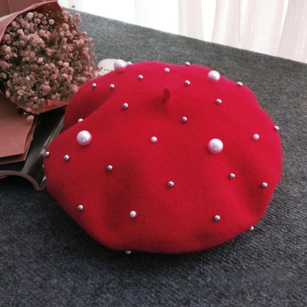 

autumn winter female fashion 100% wool solid beret women felt hats warm soft bonia girls french hat elegant pearl beret, Blue;gray