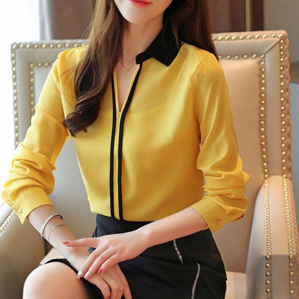 

women's blouses & shirts women blouse contrast color lapel collar wild shirtlapel girl long sleeve chiffon shirt 2021 slim casual f, White