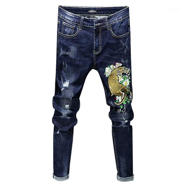 

fashion male casual boutique embroidery stovepipe pencil jeans / men's tight-fitting embroidered flower denim pants trousers1, Blue