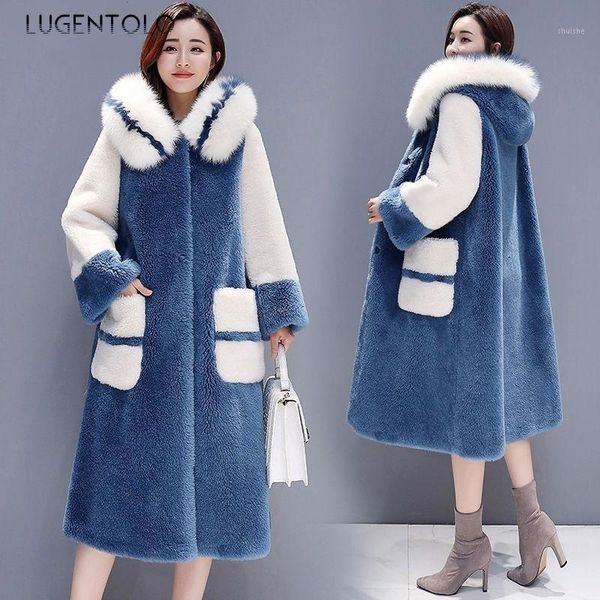 

lugentolo long fur coat women new winter faux cashmere plus size with fur trim hood covered button wide-waisted thick warm1, Black