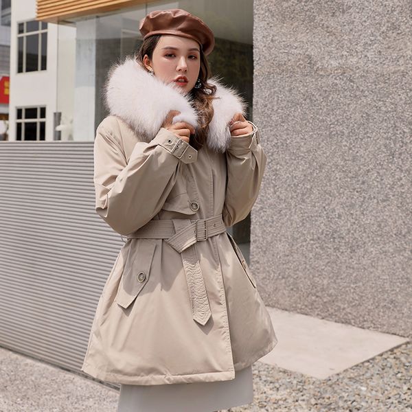

2021 new female winter big real skin hood 90% white down with thick belt jacket outwear kokl, Black