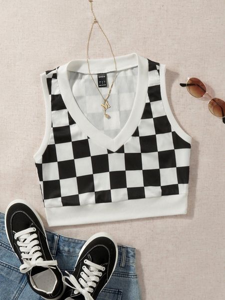 

checker print tank p42q#, White
