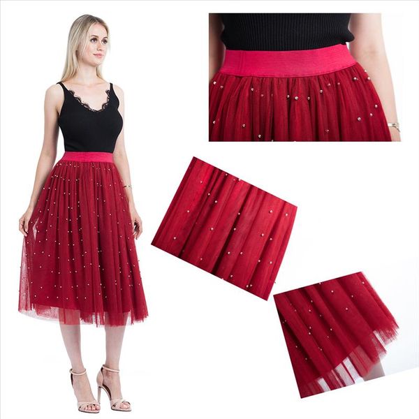 

beading tulle skirt mesh tulle skirt female silver pearl tutu elastic waist vintage pleated skirts for womens gift, Black