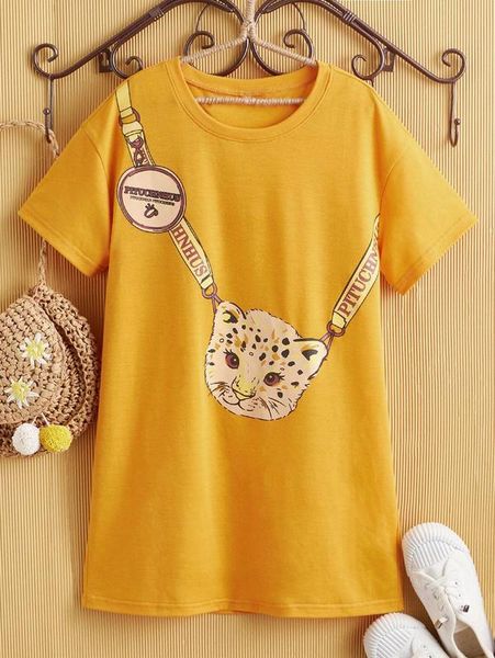 

girls cartoon and letter graphic tee dress she, Red;yellow