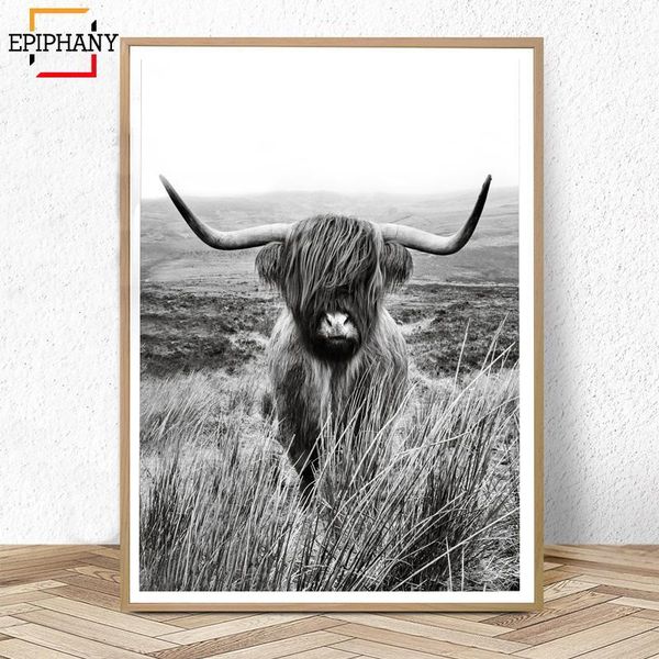 

paintings black and white highland cow print farmhouse decor wall art canvas painting animal large posters living room bedroom pictures1