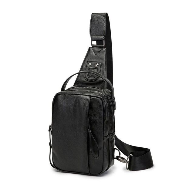 

black double-deck men chest bags pu leather left/right strap crossbody bag male fashion cross body sling man shoulder bags 2021