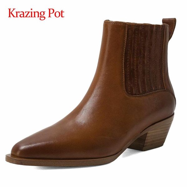 

krazing pot western boots sheep leather stretch all-match small square toe thick med heels slip on daily wear ankle boots l8f2, Black