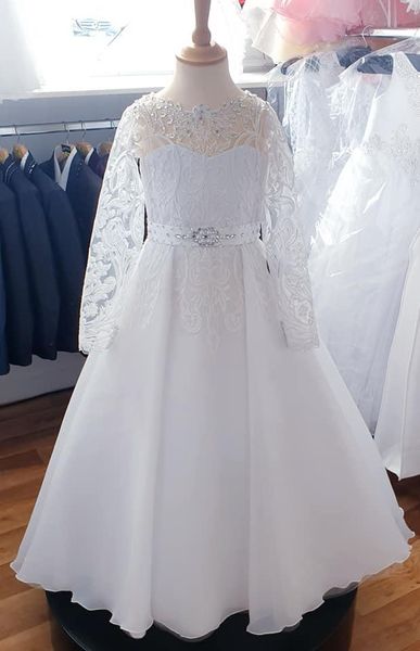 

lace crystals 2020 flower girl dresses long sleeves a-line little girl wedding dresses communion pageant dresses gowns, White;blue