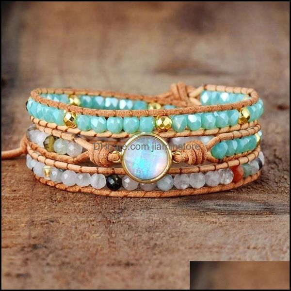 

charm bracelets jewelry women natural opal stone 3 rows leather wrap bracelet fancy femme boho, Golden;silver
