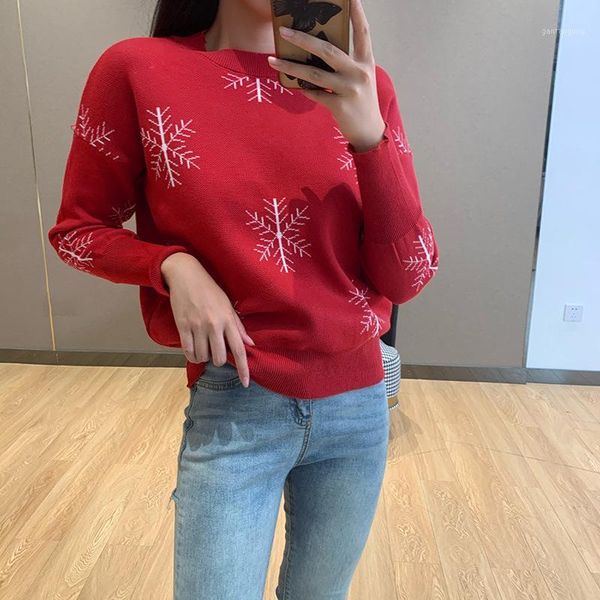 

2020 autumn new round neck long-sleeved sweater ladies christmas snowflake pattern long-sleeved sweater european ladies clothing1, White