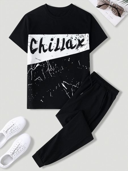 

men letter & splatter paint tee & drawstring waist sweatpants t8nz#, Gray