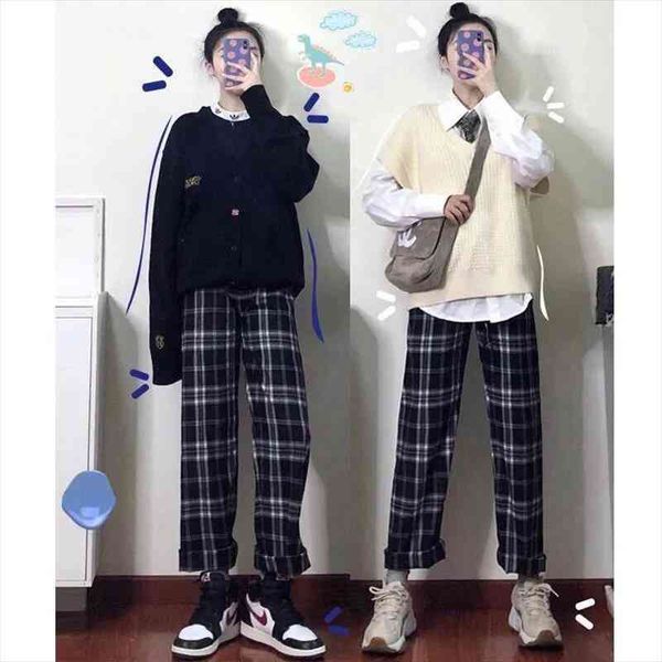 

ninth pants plaid casual pants summer womens korean style wild loose wide-leg long trousers for women, Black;white