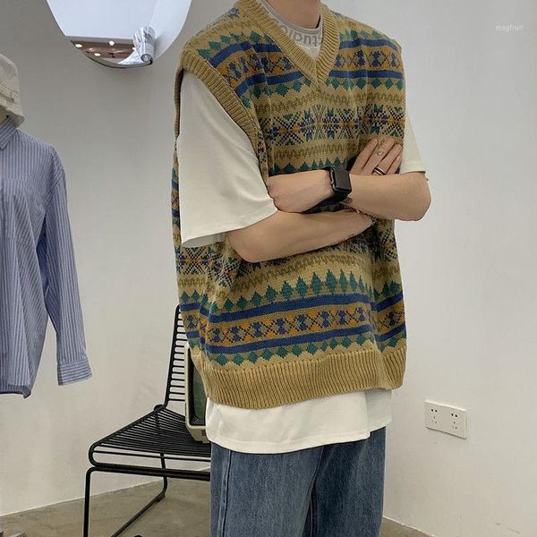 

autumn korean sweater vest men's fashion retro casual v-neck knitted pullover men streetwear loose vest knitting sweaters mens1, White;black