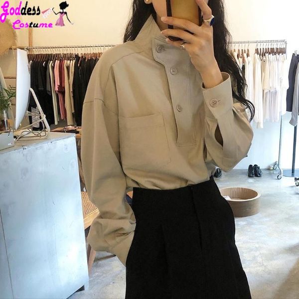 

women's blouses & shirts goddess stand collar chic irregular button korean autumn loose casual women blouse solid color all-match femme, White