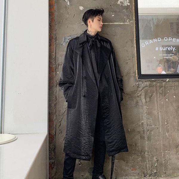 

men vintage double breasted loose casual long windbreaker jacket overcoat male women streetwear punk hip hop trench coat1, Tan;black