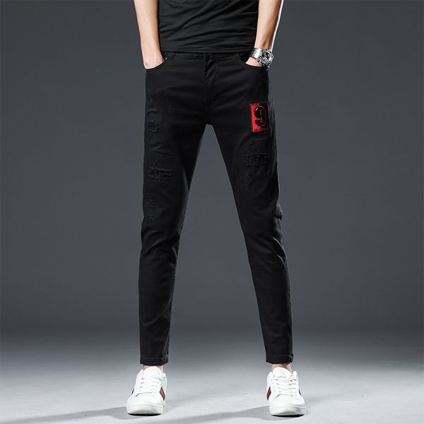 

new style men's nine point stretch embroidered men's fashion and jeans small feet black jeans boysholes hp1j0, Blue