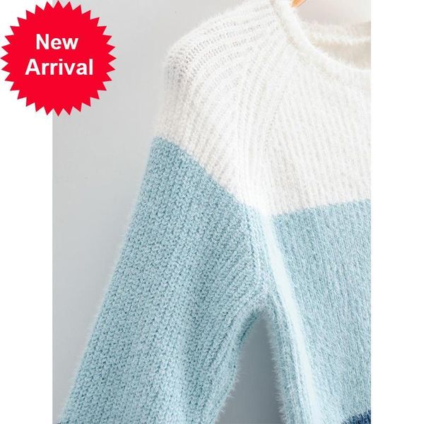 

2021 new autumn elegant woman's mode blue striped pullover o-neck malory shirt long sleeve loose occasional puzzle dressed oy3d, White;black