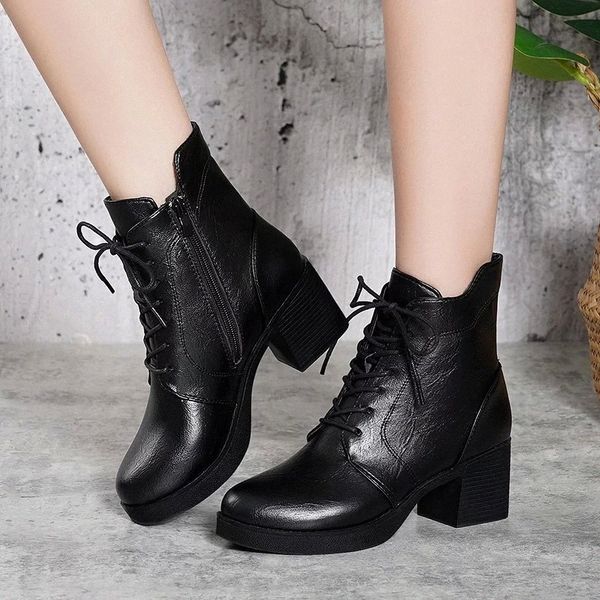 

lucyever pu leather high heels women boots 2020 fashion lace up black ankle boots woman waterproof office shoes 41 #ek1j