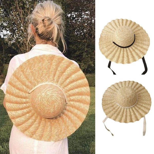 

wide brim straw hat with ribbon wavy pattern sun protection outdoor beach sunhat 50pf, Blue;gray