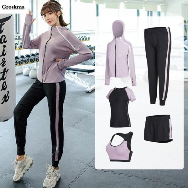 

yoga outfits professional quick dry women 5 piece set coats+t shirt+bra+shorts+pants fitness gym outdoor sportswear running suits1, White;red