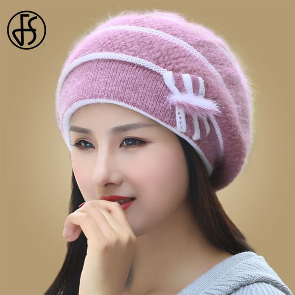 

fs winter hats for women beret angora knit hat warm flower bow fashion double layers thermal snow caps berets femme hiver 201009, Blue;gray
