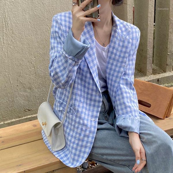

autumn winter women single-breasted blazer coat fashion blue plaid print slim wild long sleeve elegant suit jacket office ladies1, White;black