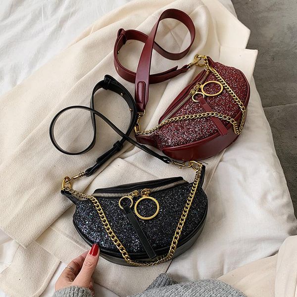 

fashion chain crossbody bags sequin new luxury banana waist bag women round ring pu leather chest bag 2020 winter belly handbags