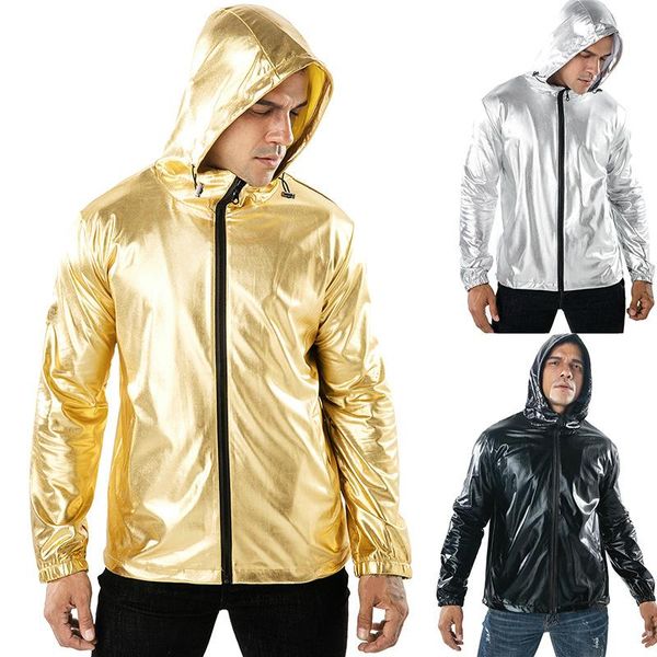 

mens autumn winter gilded boys coat fashion gold shiny hooded sports jacket long sleeve casual oversized reflective jacket male, Black;brown