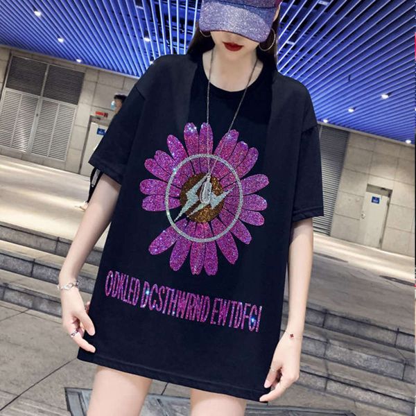

medium chaopai heavy industry loose drill length t-shirt women short sleeve new summer 2020 slim top, Black;gray