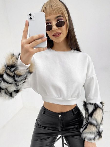 

drop shoulder fuzzy cuff crop pullover j3sq#, White;black