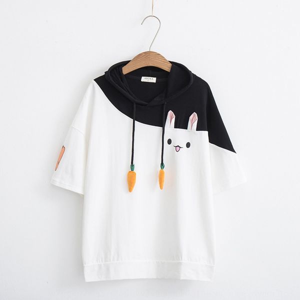 

small fresh and sweet cartoon drawstring short sleeve sweater radish 3d rabbit short sleeve hoodie radish -shirt radish-shirt hoodie girl 8, Black