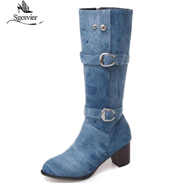 

sgesvier women mid calf boots square high heels winter shoes woman denim skin side zip ladies snow boots botas mujer g697, Black